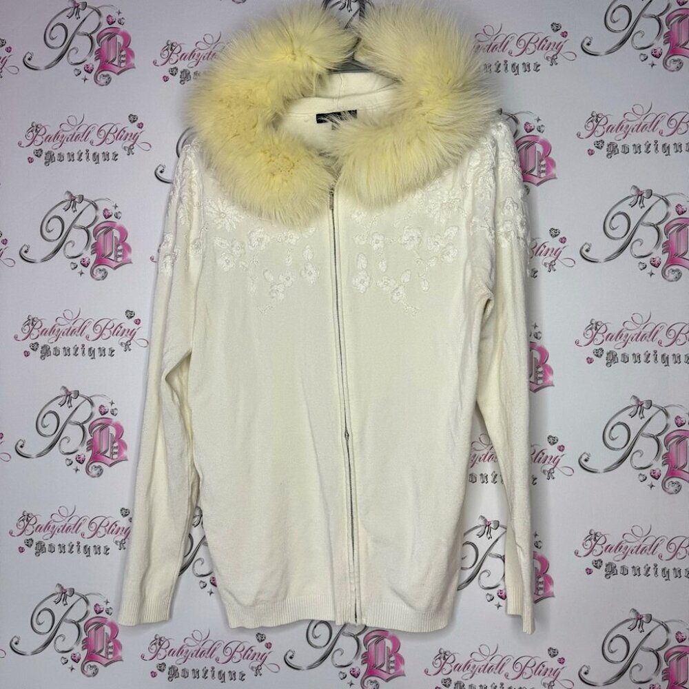 Leo guy sweater faux fur hood cream white floral embroidered zip up luxe winter